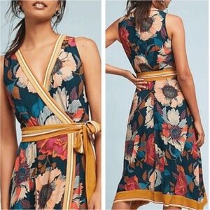 Anthropologie Maeve Botanica Faux Wrap Dress Floral Print Belt Sz 0 Petite